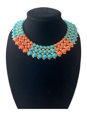 Two-Tone Turquoise and Coral Gold-Trim Collar Necklace - Women Jewelry